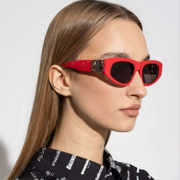 Balenciaga BB0095S 016 Sunglasses Red Silver Logo Grey Cat Eye Unisex - Picture 1 of 14